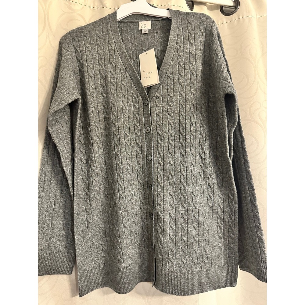 New Day Women's Cable Knit Cardigan Dark Grey XS - Oversized
